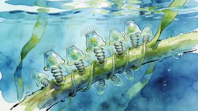 Visual depiction of A Vorticella colony on a submerged plant stem