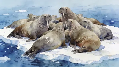 Visual depiction of A walrus colony resting on an ice floe