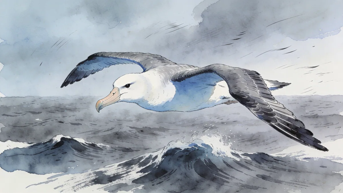 Visual depiction of A wandering albatross gliding on stiff wings above a stormy grey ocean