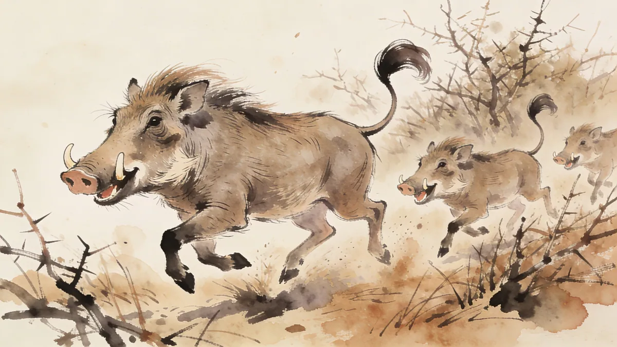 Visual depiction of A warthog family trotting with tails raised through dry bush