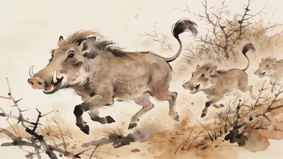 Visual depiction of A warthog family trotting with tails raised through dry bush