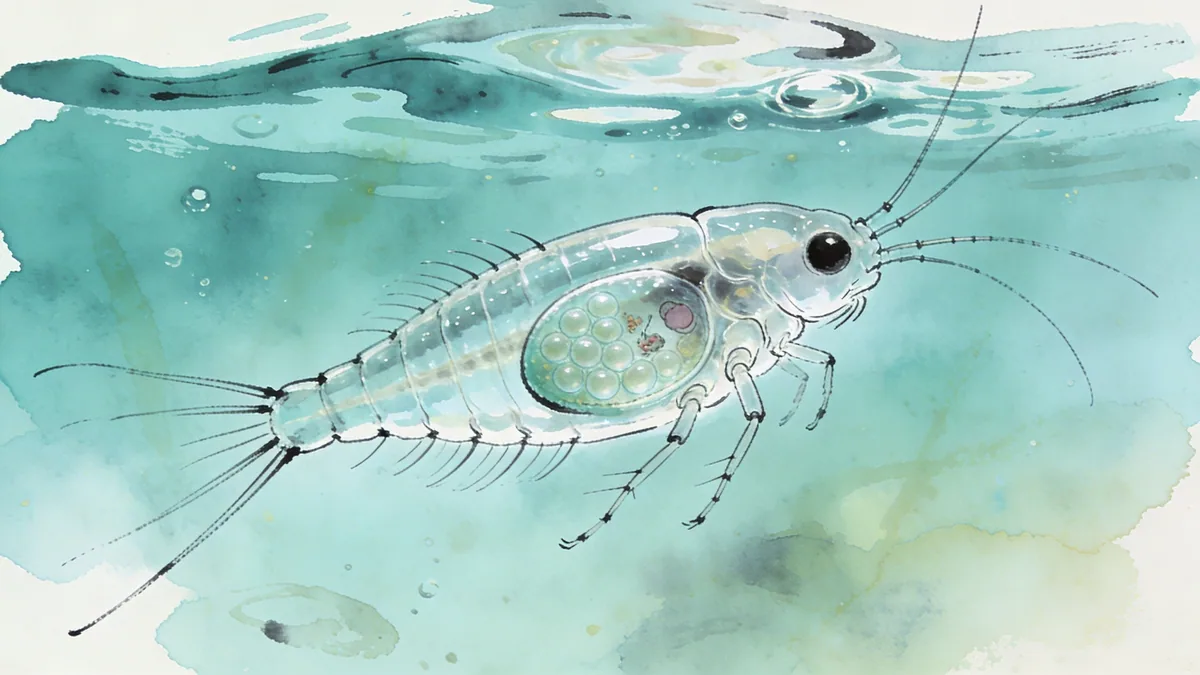 Visual depiction of A water flea carrying eggs in its brood pouch in clear pond water