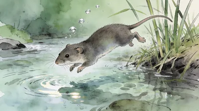 Visual depiction of A water shrew diving from a reedy bank into a clear chalk stream