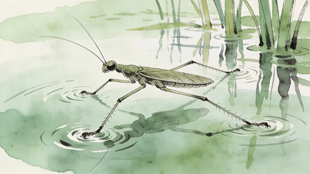 Visual depiction of A water strider moving across a still pond