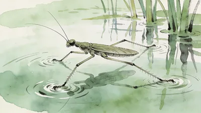 Visual depiction of A water strider moving across a still pond