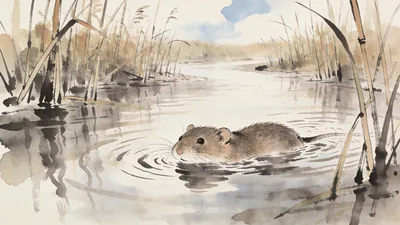 Visual depiction of A water vole swimming across a still reed-fringed river