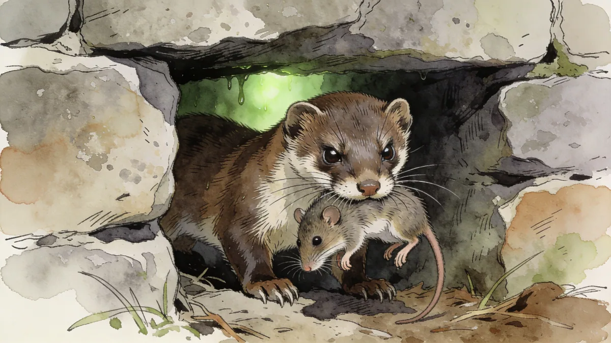 Visual depiction of A weasel holding a dead vole at a stone wall gap