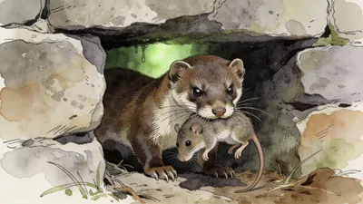 Visual depiction of A weasel holding a dead vole at a stone wall gap