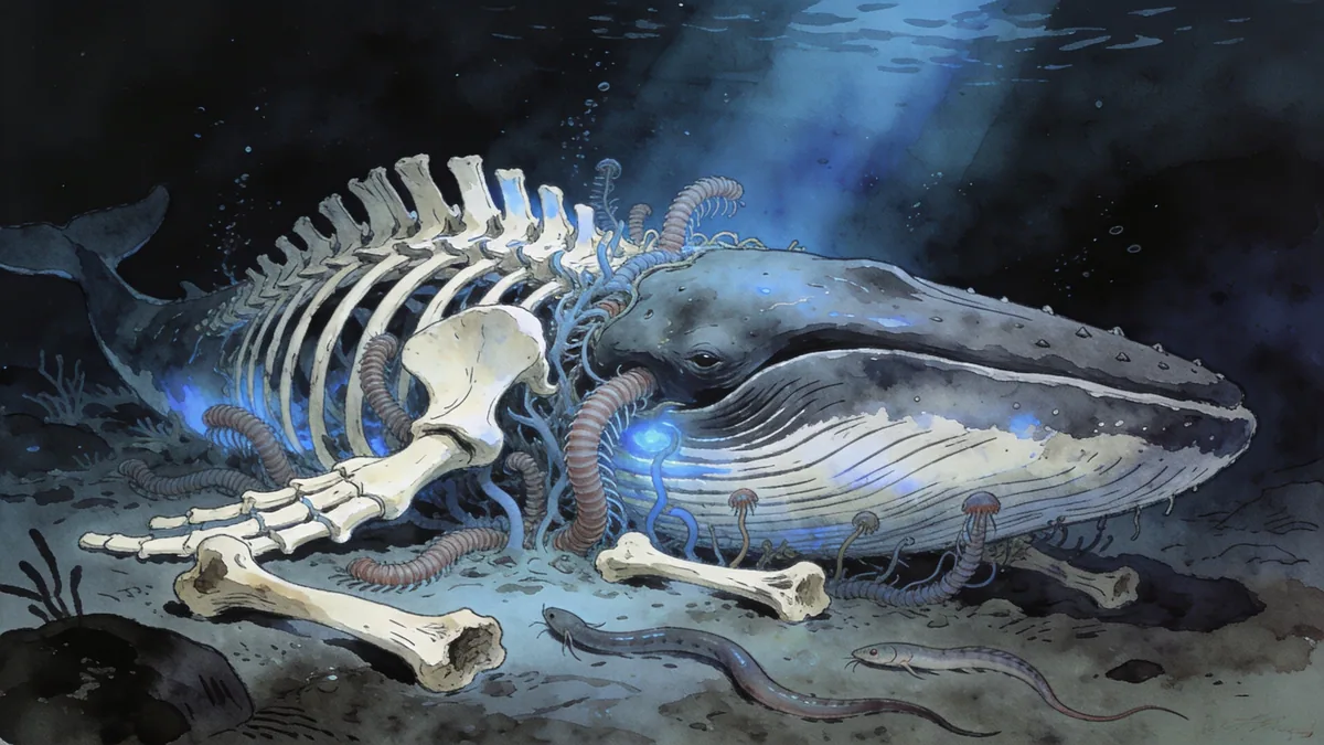 Visual depiction of A whale fall on the deep ocean floor