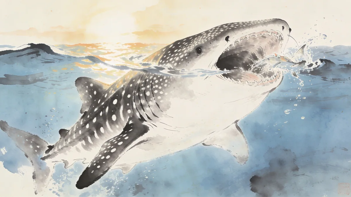 Visual depiction of A whale shark filter feeding at the surface