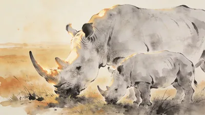 Visual depiction of A white rhinoceros mother and calf grazing on open savanna at golden hour