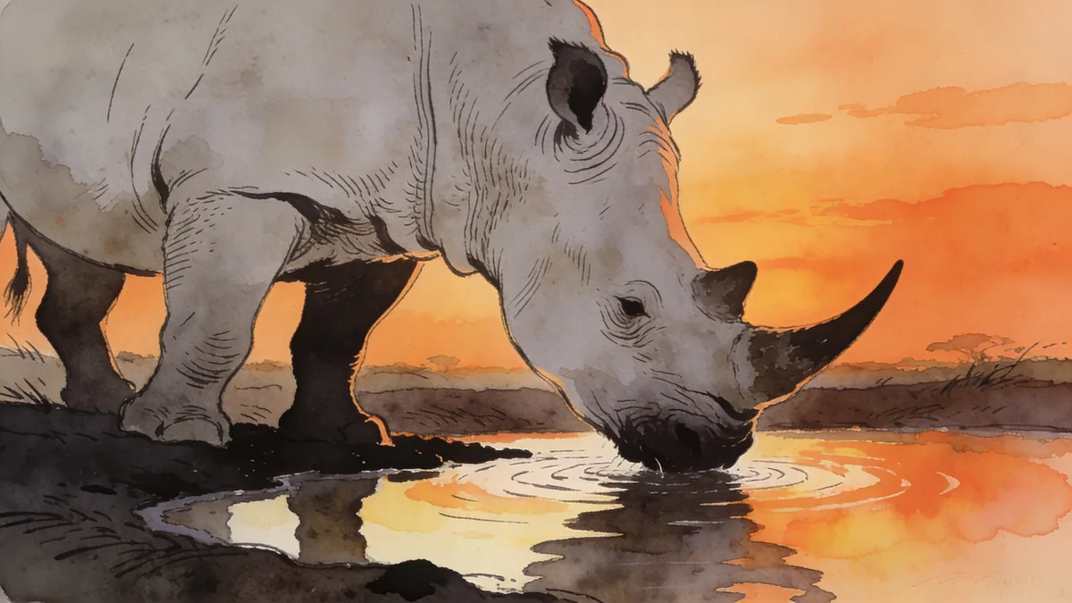 Visual depiction of A white rhinoceros drinking at a waterhole at sunset