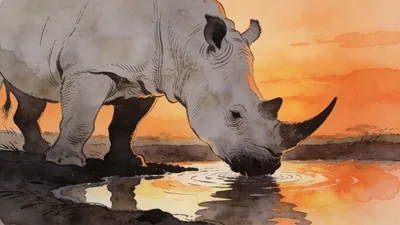 Visual depiction of A white rhinoceros drinking at a waterhole at sunset