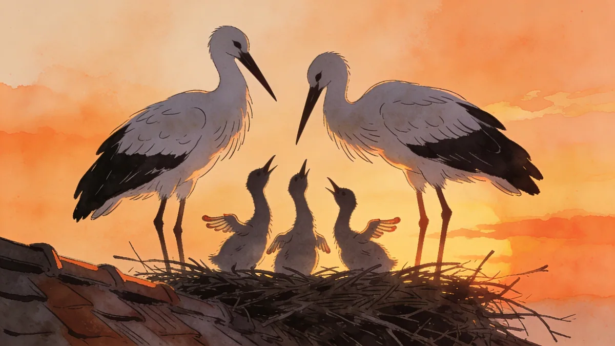 Visual depiction of A white stork family at their rooftop nest at sunset