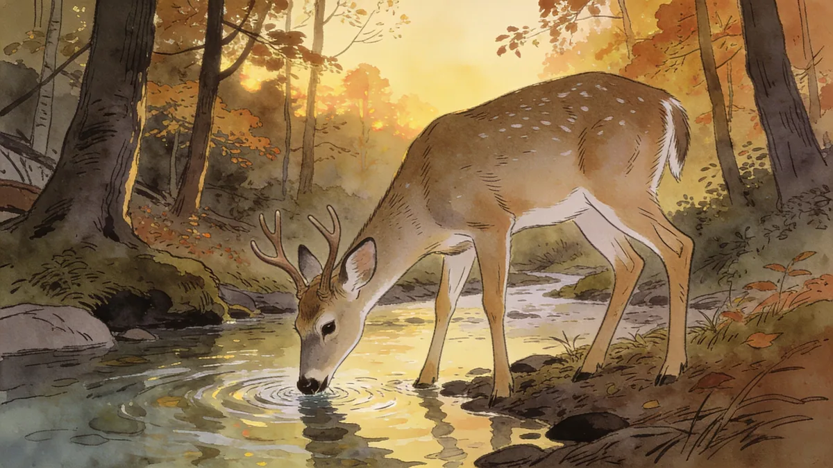 Visual depiction of A white-tailed deer drinking from a clear forest stream at dusk