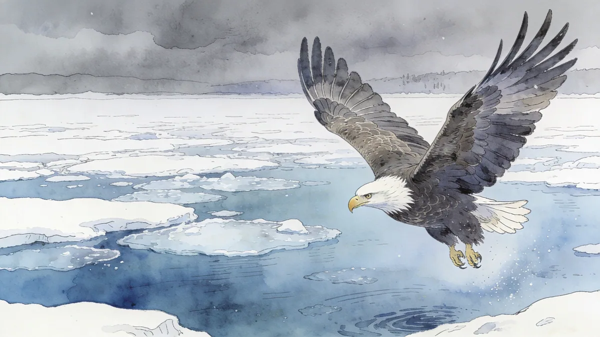 Visual depiction of A white-tailed eagle circling low above a frozen Nordic lake