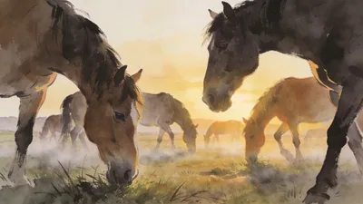 Visual depiction of A wild horse herd grazing on an open plain at sunrise