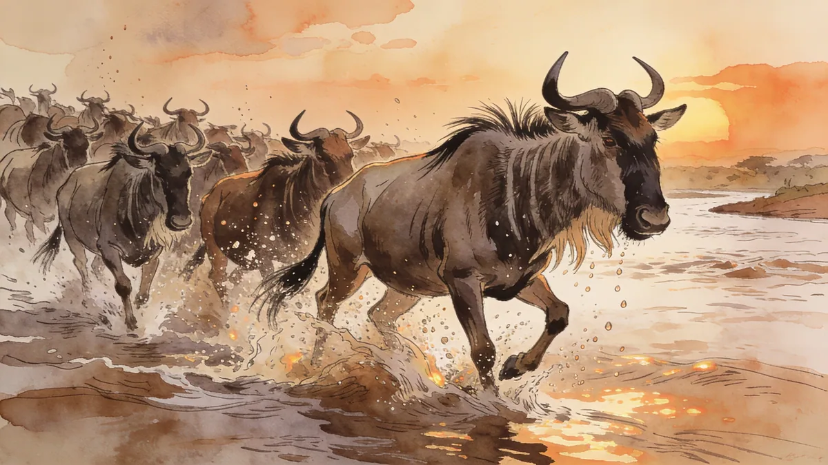 Visual depiction of A wildebeest migration crossing a wide African river at sunrise