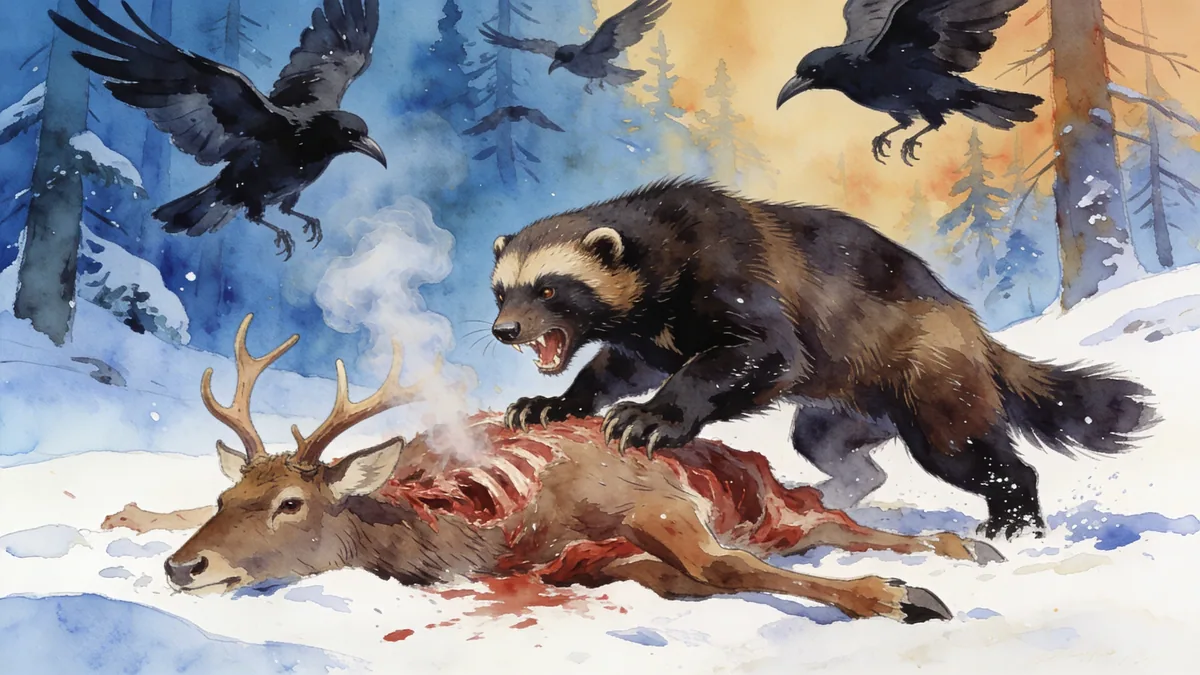 Visual depiction of A wolverine defending a fresh elk carcass from circling ravens in deep taiga snow