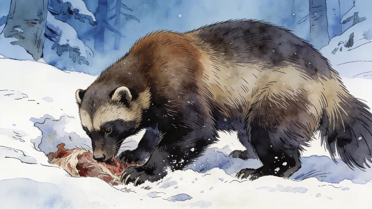 Visual depiction of A wolverine digging through deep snow to reach a cached kill
