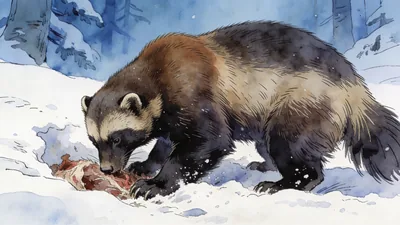 Visual depiction of A wolverine digging through deep snow to reach a cached kill