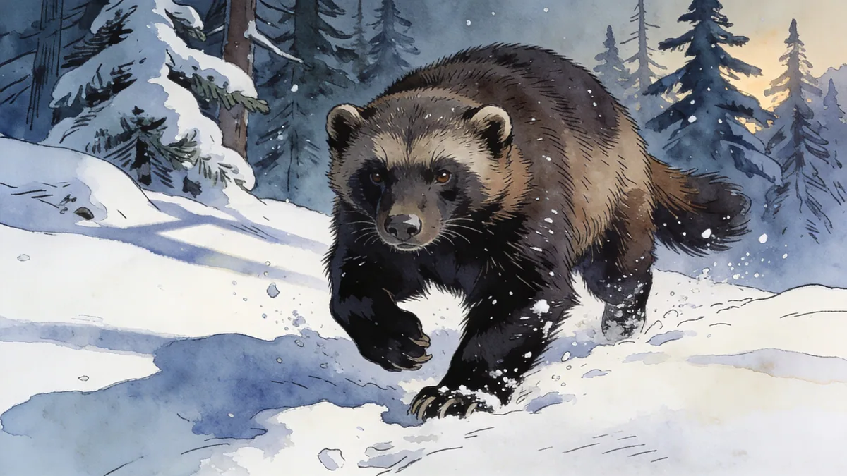 Visual depiction of A wolverine moving powerfully through deep taiga snow