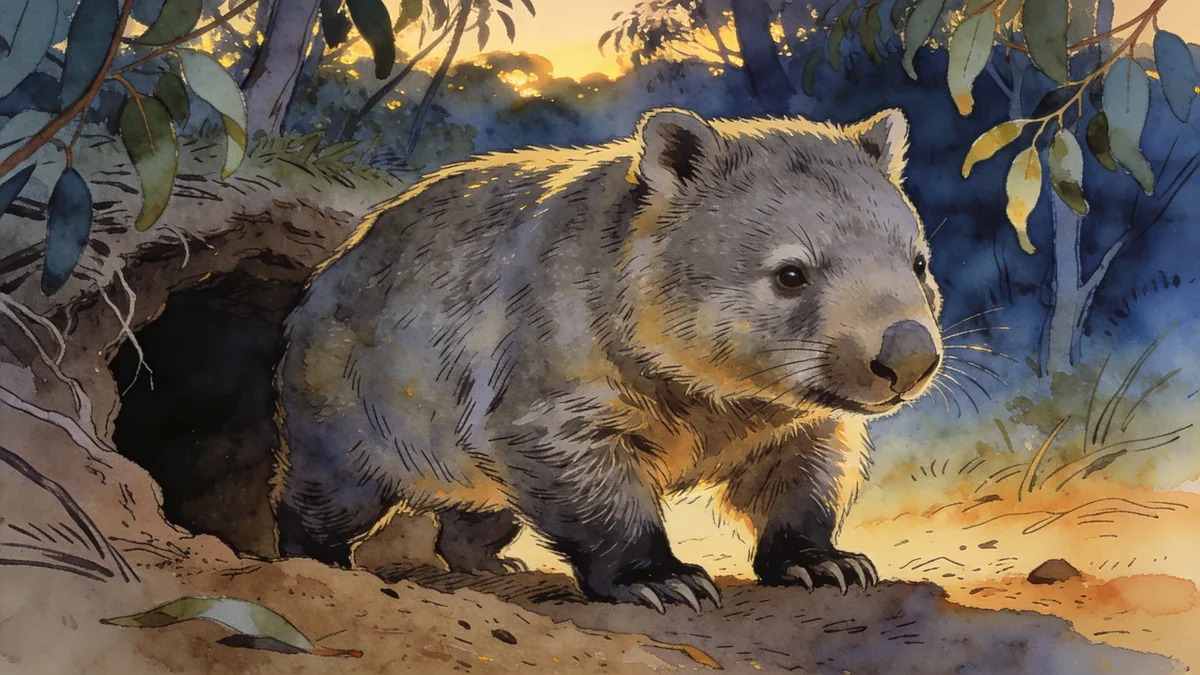 Visual depiction of A wombat emerging from its burrow in Australian eucalyptus scrub at dusk