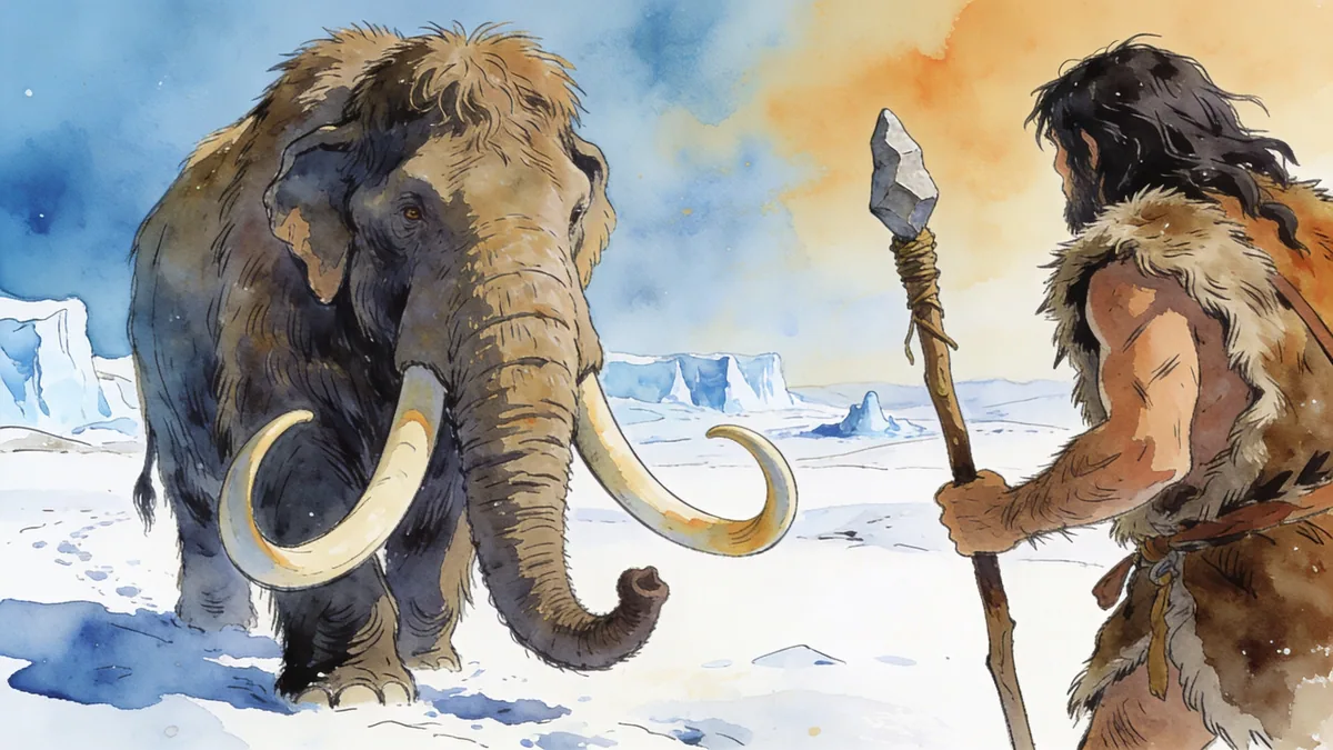 Visual depiction of A woolly mammoth and a Neanderthal hunter facing each other across a snowy plain