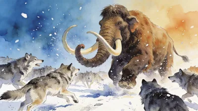 Visual depiction of A woolly mammoth bull charging a pack of dire wolves that threatened the herd