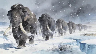 Visual depiction of A woolly mammoth herd walking in single file across a frozen Pleistocene steppe