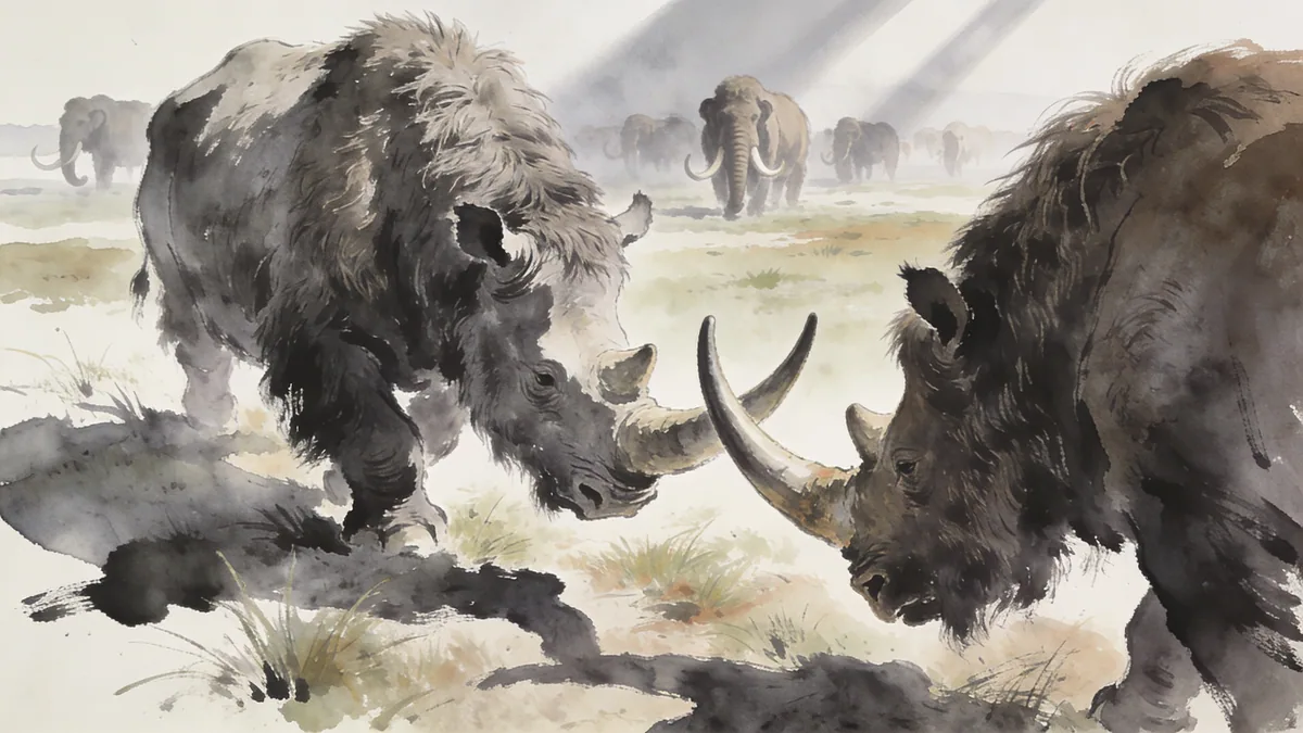 Visual depiction of A woolly rhinoceros lowering its massive horn at a rival on a Pleistocene plain