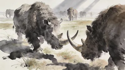 Visual depiction of A woolly rhinoceros lowering its massive horn at a rival on a Pleistocene plain