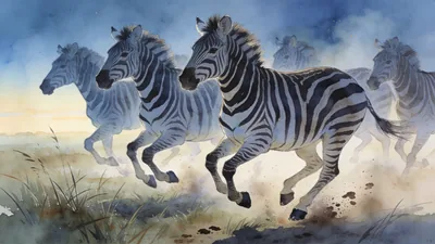 Visual depiction of A zebra herd running across open grassland at dawn