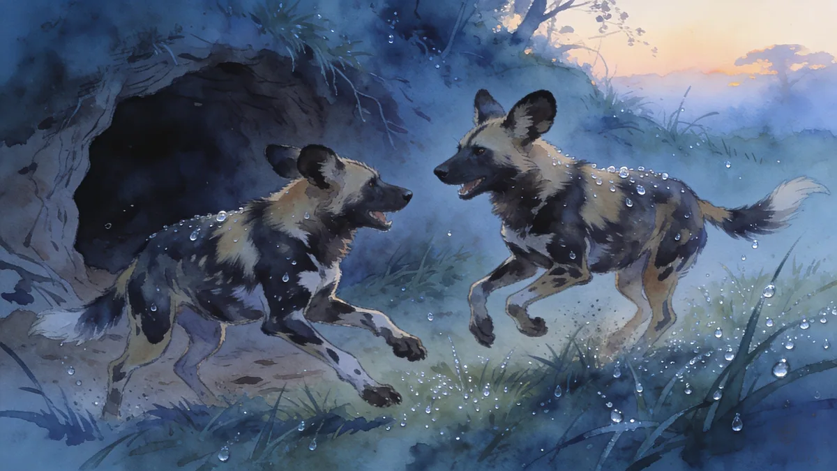 Visual depiction of African wild dogs playing and chasing each other near their den at dawn