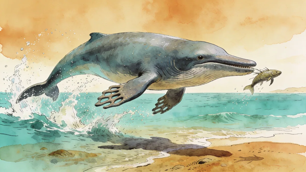 Visual depiction of Ambulocetus — the walking whale — lunging from a shallow Eocene sea to seize prey