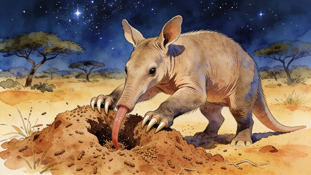 Visual depiction of An aardvark digging into a termite mound in the African night