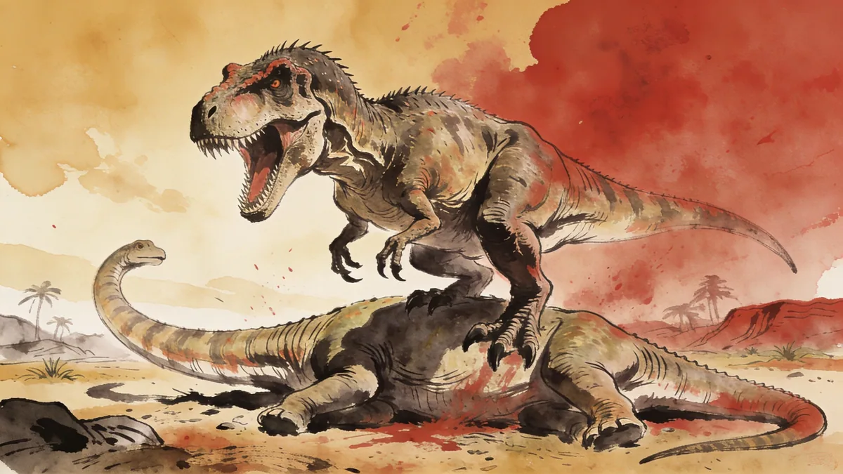Visual depiction of An Allosaurus crouching over a fallen Diplodocus on a Jurassic plain