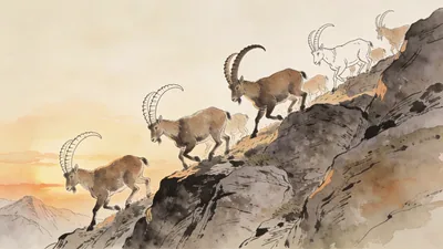 Visual depiction of An Alpine ibex herd picking across a steep rocky mountainside at sunrise