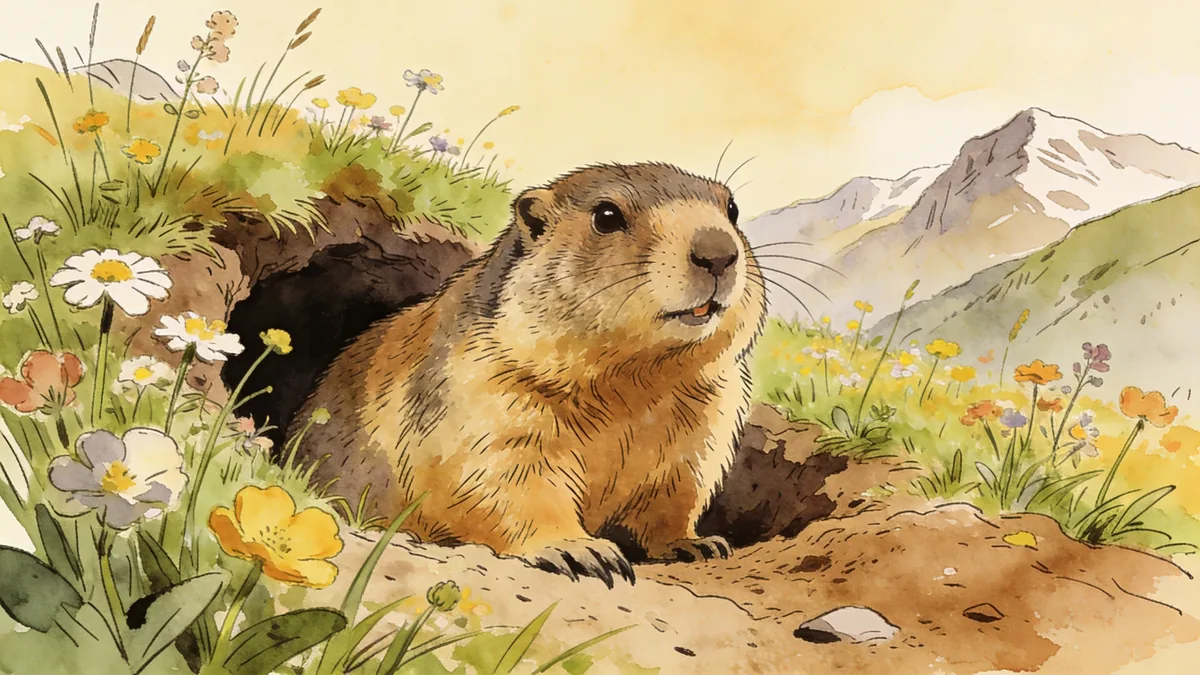 Visual depiction of An Alpine marmot emerging from its burrow entrance in a summer mountain meadow