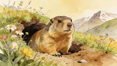 Visual depiction of An Alpine marmot emerging from its burrow entrance in a summer mountain meadow