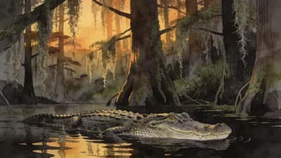 Visual depiction of An American alligator floating silently in a cypress swamp at dusk