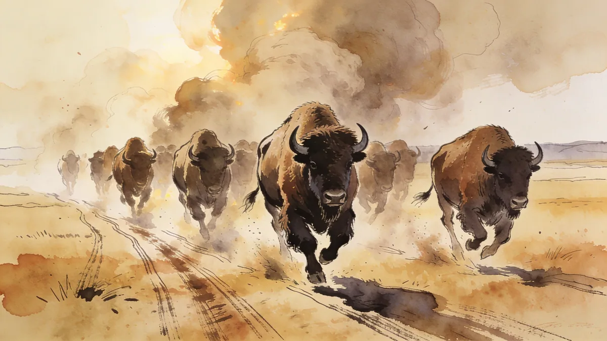 Visual depiction of An American bison herd thundering across a wide open plain
