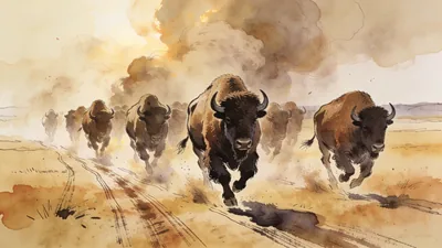 Visual depiction of An American bison herd thundering across a wide open plain