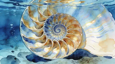 Visual depiction of An ammonite shell spiral under the sea