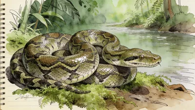 Visual depiction of An anaconda coiled on a mossy jungle riverbank