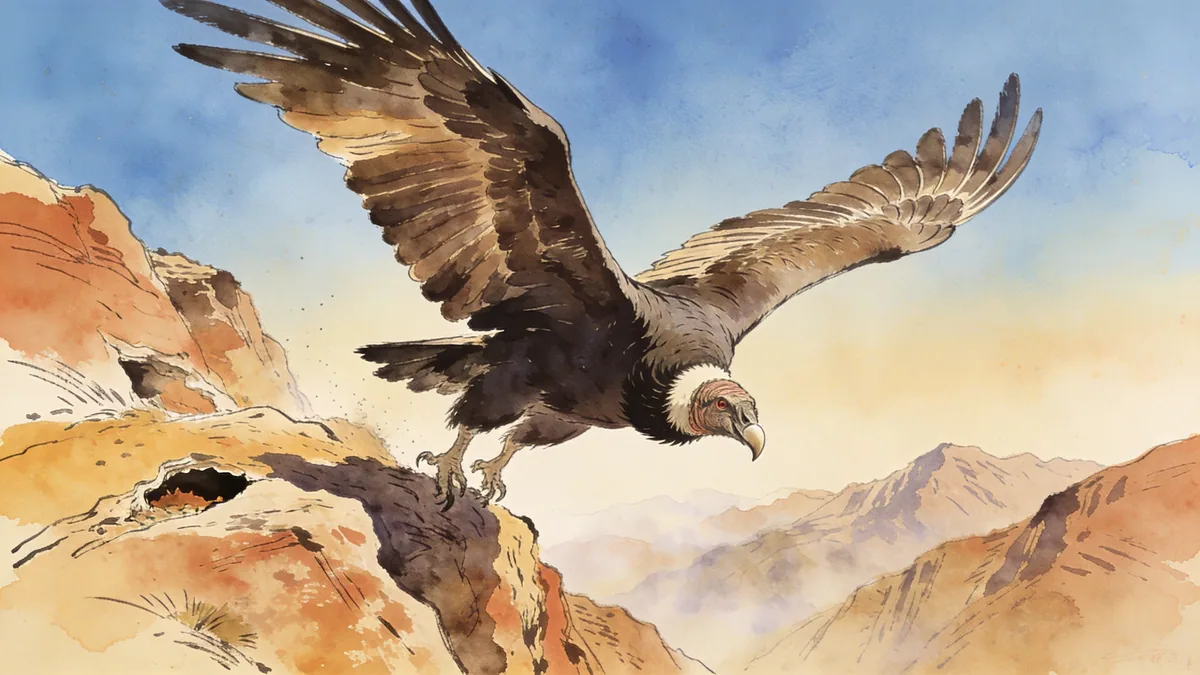 Visual depiction of An Andean condor launching from a rocky mountain outcrop