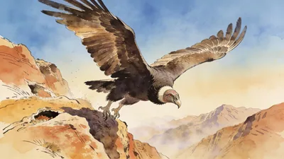 Visual depiction of An Andean condor launching from a rocky mountain outcrop