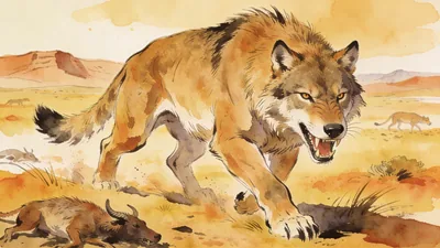 Visual depiction of An Andrewsarchus — the largest known predatory land mammal — stalking prey across a Mongolian Eocene plain