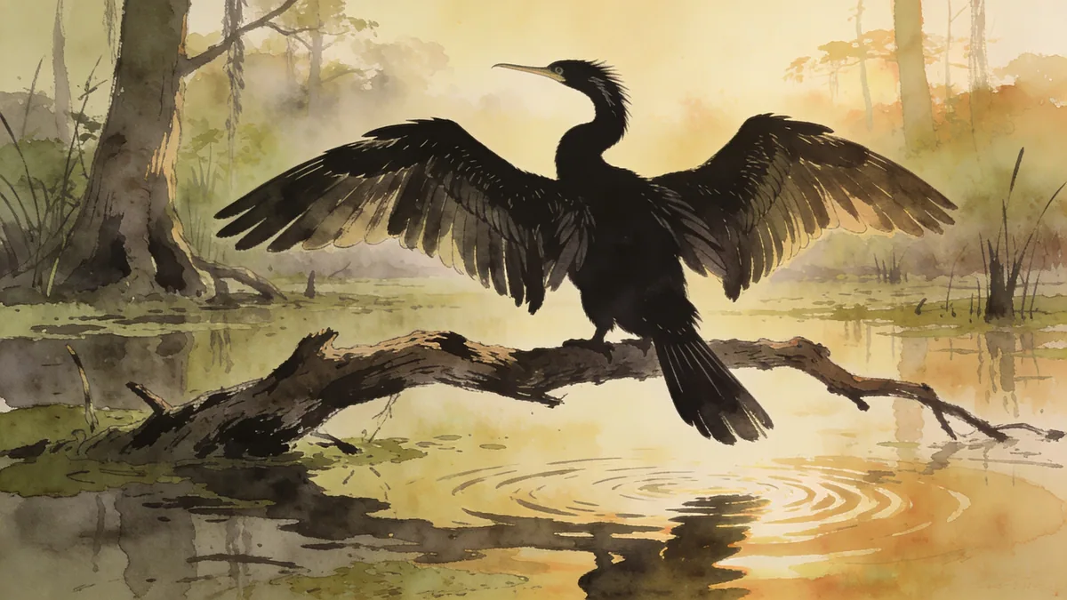 Visual depiction of An anhinga drying its outstretched wings on a dead branch above a swamp