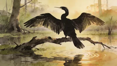 Visual depiction of An anhinga drying its outstretched wings on a dead branch above a swamp